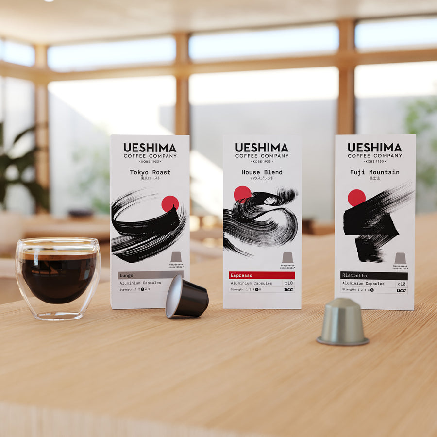 Ueshima Tokyo Roast Lungo Coffee capsules alongside House Blend and Fuji Mountain coffee capsule packets
