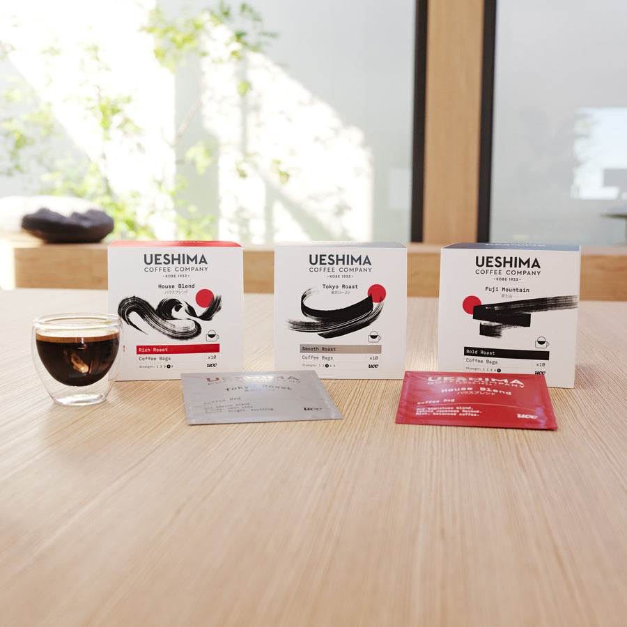 Ueshima Tokyo Roast coffee bag box, alongside House Blend and Fuji Mountain box and sachet