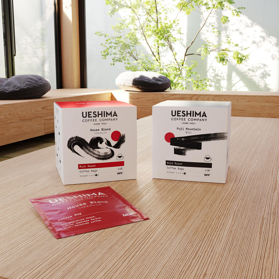 Ueshima Fuji Mountain coffee bag box, alongside House Blend coffee bag box and sachet